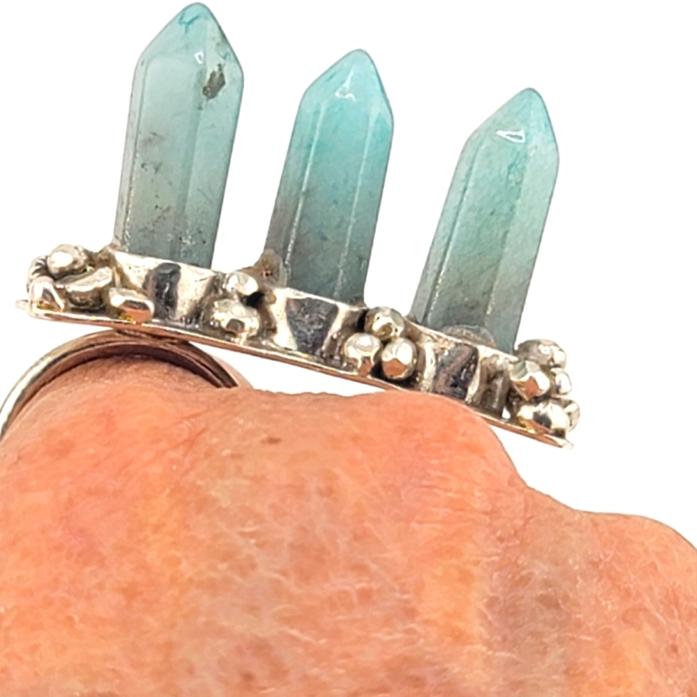 3 SPIKES AQUAMARINE DOUBLE RING BAND HANDMADE IN STERLING SILVER METAL 8.5 & 7.5 - Picture 4 of 11